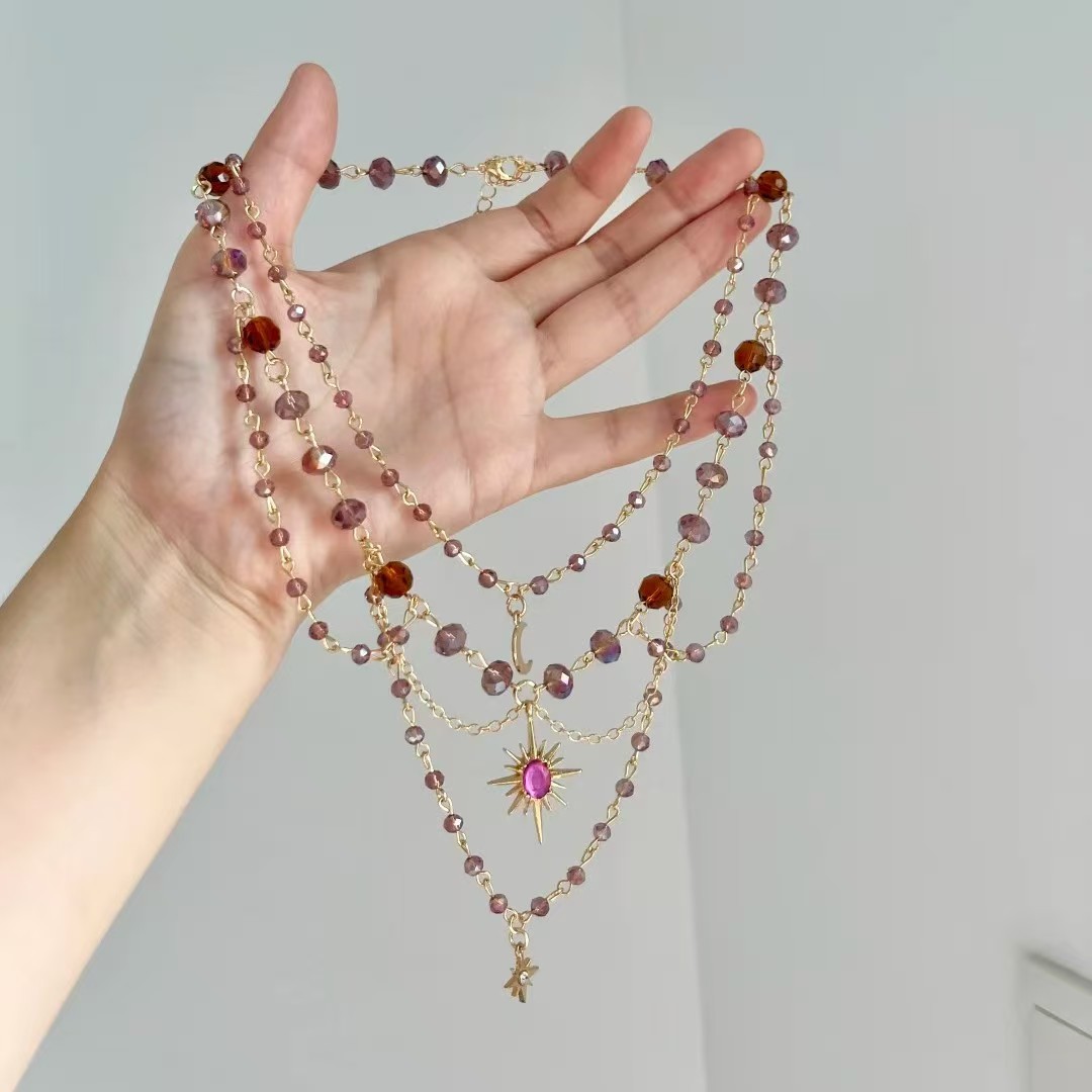 Multi-layer Beaded Collarbone Necklace With Moon And Sun Pendants_voghion.com