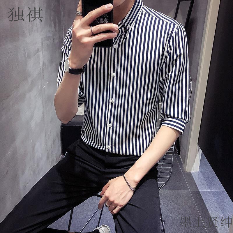 Summer Seven-point Sleeve Shirt Men's Korean-style Slim-fit Trendy Short-sleeve Stylist Half-sleeve Black and White Vertical Stripe Mid-sleeve Shirt