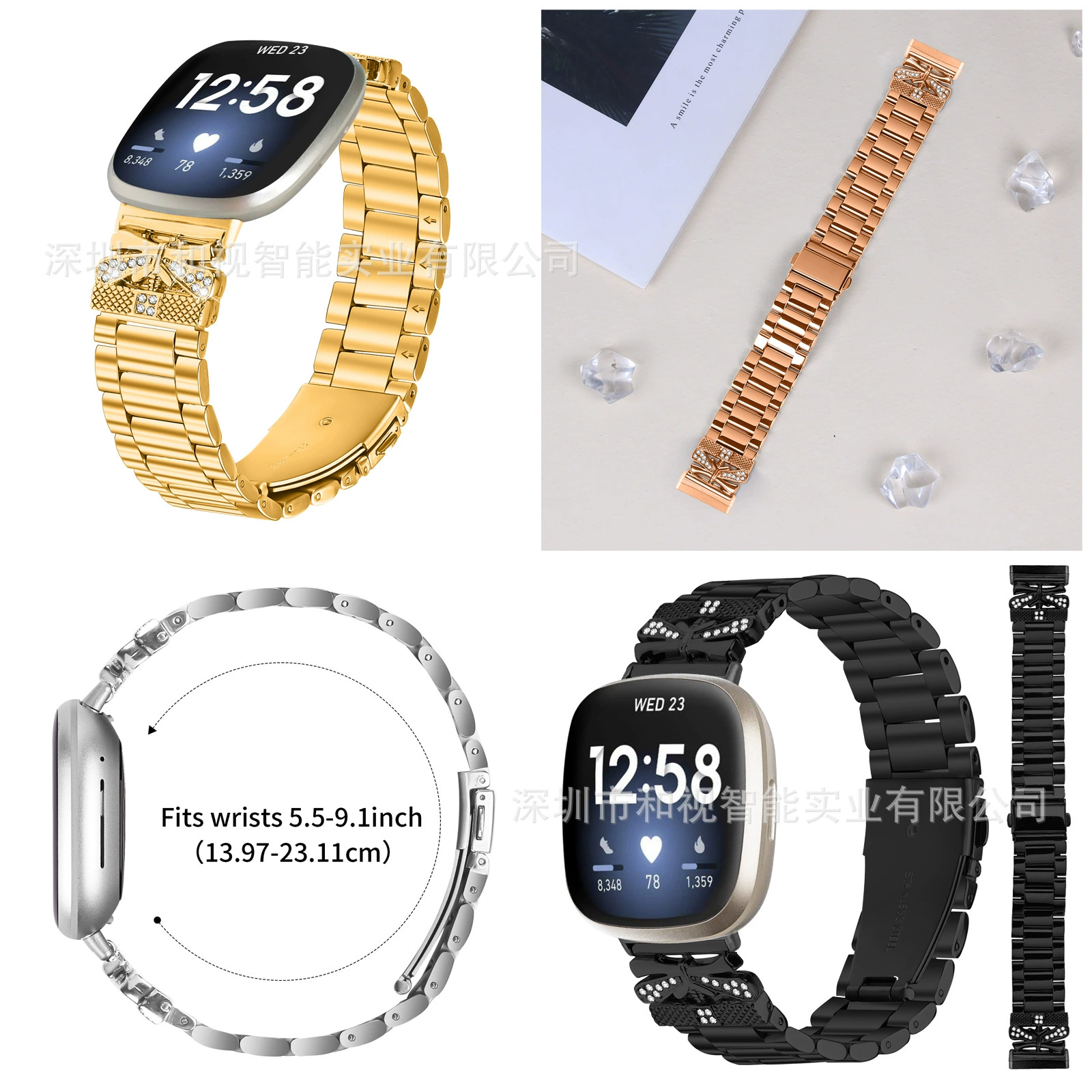 Ремешок для Fitbit Versa 3/4/Sense 2, металлический браслет-бабочка из нержавеющей стали с тремя блестящими звеньями