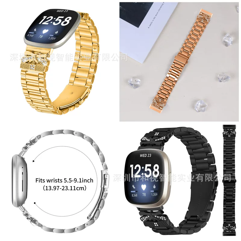 Ремешок для Fitbit Versa 3/4/Sense 2, металлический браслет-бабочка из нержавеющей стали с тремя блестящими звеньями