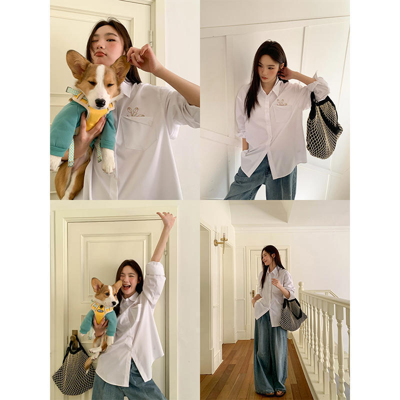 Designed with a Sense of Style, This Floral Embroidered Shirt with Fold-Over Pockets for Women Is a New Spring Model, Featuring a Loose Fit and Slimming Effect, with Long Sleeves Designed with a Sense of Style, This Floral Embroidered Shirt with Fold-Over Pockets for Women Is a New Spring Model, Featuring a Loose Fit and Slimming Effect, with Long Sleeves