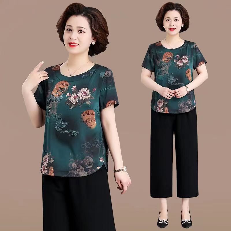 Ladieswear's Summer ShorT-sleeved Ice Silk T-shirT, STylish and Slimming Look Two-piece SeT, Middle-aged Women's Summer Chiffon Casual SuiT Ladieswear's Summer ShorT-sleeved Ice Silk T-shirT, STylish and Slimming Look Two-piece SeT, Middle-aged Women's Summer Chiffon Casual SuiT