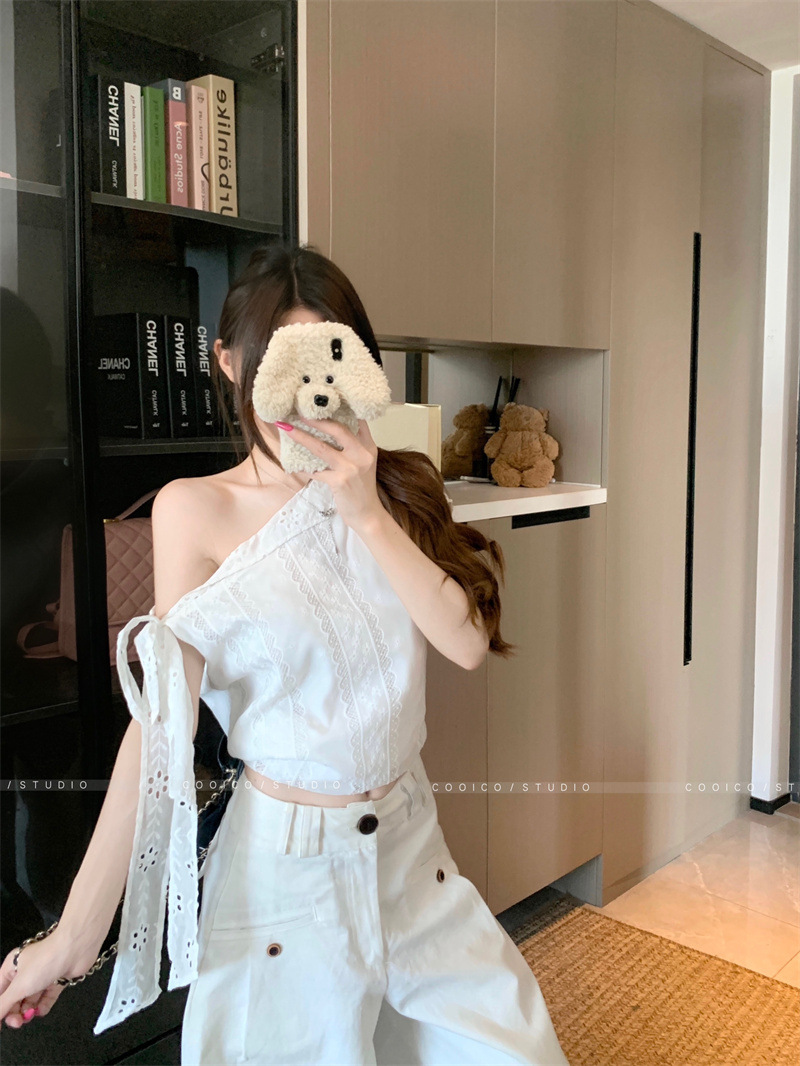 不规则绑带斜肩短袖蕾丝衬衫女装夏季修身白色设计感纯欲显瘦上衣