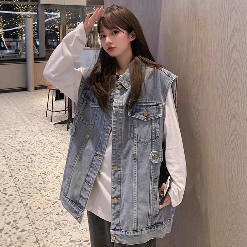 Waist-Adjustable Denim Vest with a Unique Design for Women, Niche Spring and Summer Loose Bf Style Mid-Length Vest Jacket Trendy
