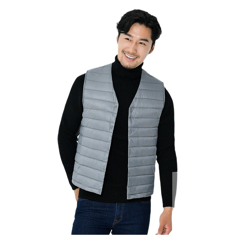 Новый белый утиный пух, осенне-зимний новый мужской легкий пуховый жилет с v-образным вырезом, мужской теплый жилет без воротника с подкладкой