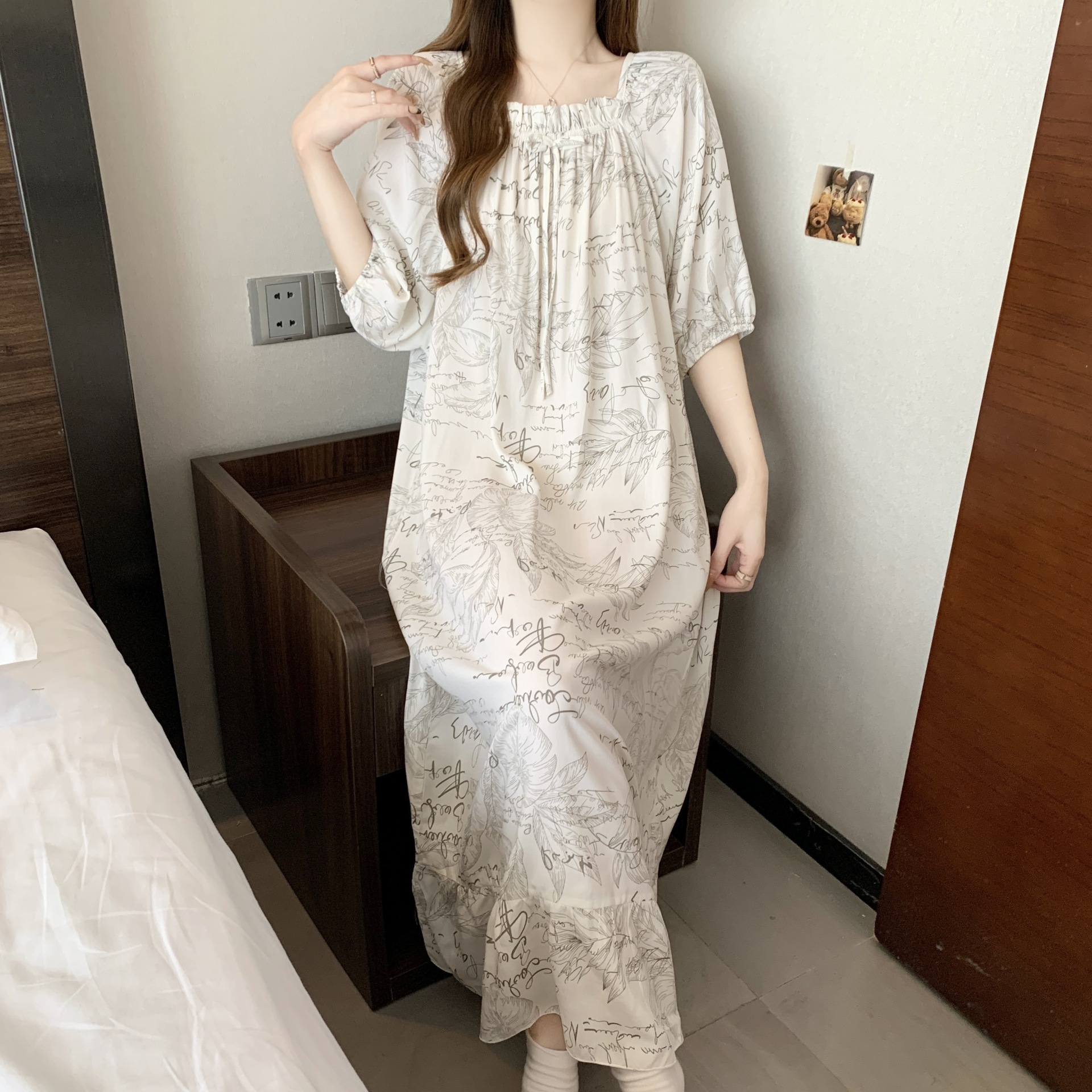 Yaoting pijamas de verano mujeres primavera y otoño encantador impresión suelta vestido larga larga larga ropa de hogar de mangas cortas HDF5291