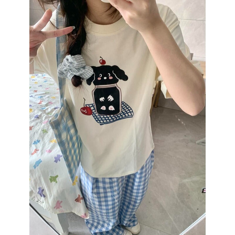 漫画多用途カレッジスタイル半袖Tシャツ犬プリントルーズトップファッション新しいスタイル多用途イントレンド|undefined