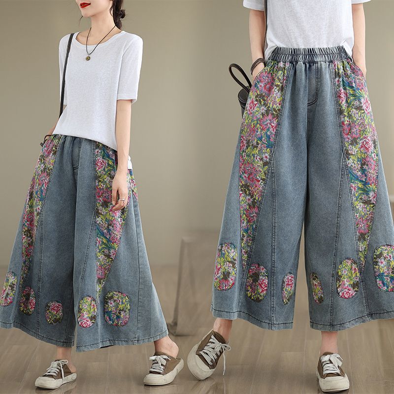 Foreign trade spring-summer ethnic style thin patchwork casual retro loose age-reducing plus-size women's wide-leg pants plus-size jeans