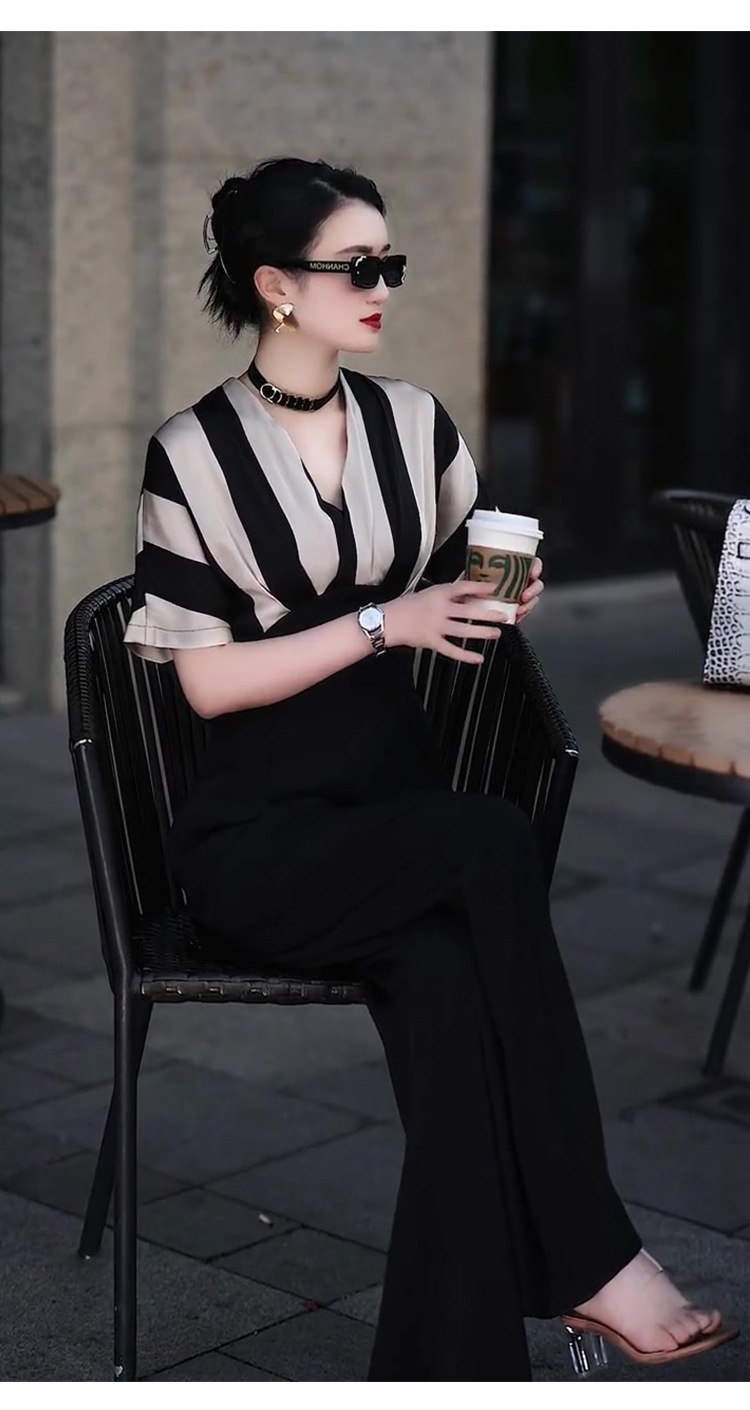 Bộ jumpsuit nữ sọc kẻ dài tay thời trang mùa hè — Đen trắng