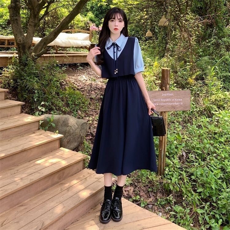 New Spliced Fake Two-Piece Short-Sleeved Dress for Female Students Korean Style Preppy Style Waist Versatile Over-The-Knee A-Line Skirt