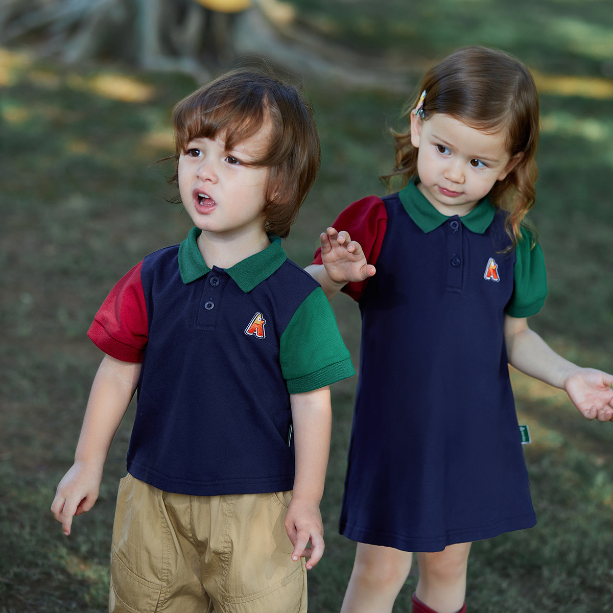 College style POLO collar sister and brother wear children's clothing 2024 summer new children's fresh T-shirt splicing skirt