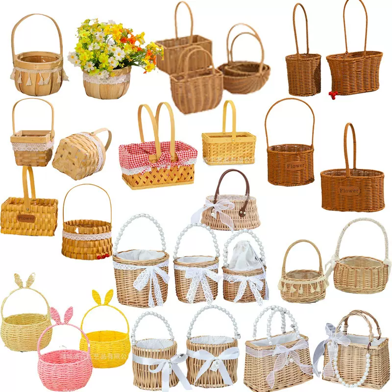出口欧美爆款日式插花藤编筐手提篮三八妇女节篮子草编竹批发零售