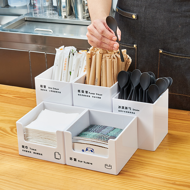 Countertop 5-Piece Acrylic Black and White Storage Set for Straws, Tissues, Spoons, and Cups, Suitable for Milk Tea Shops and Coffee Businesses