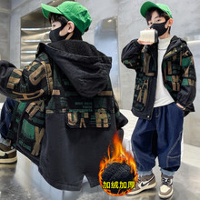 童外套2023冬季新款男童印花牛仔加绒风衣韩版儿童连帽保暖外套潮