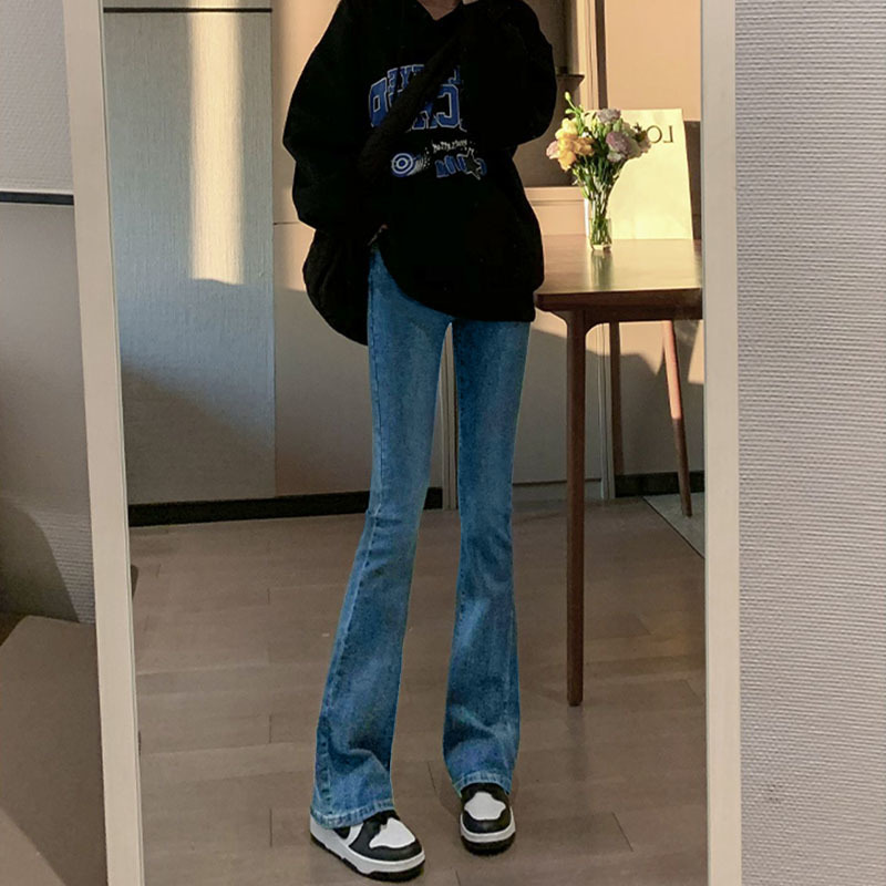 스파이스 걸스 WEILA 청바지 여성 겨울 높은 허리 탄성 슬림 작은 스트레이트 트럼펫 바지 2022 새로운