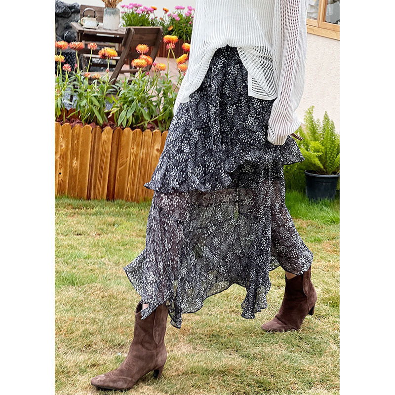 Meiyang Bu Shenghua Skirt Retro Slightly See-Through Chiffon Printed A-Line Lotus Leaf Beveled Long Skirt