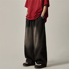 高街美式复古vibe水洗做旧烟灰牛仔裤男女宽松直筒阔腿垂感裤子