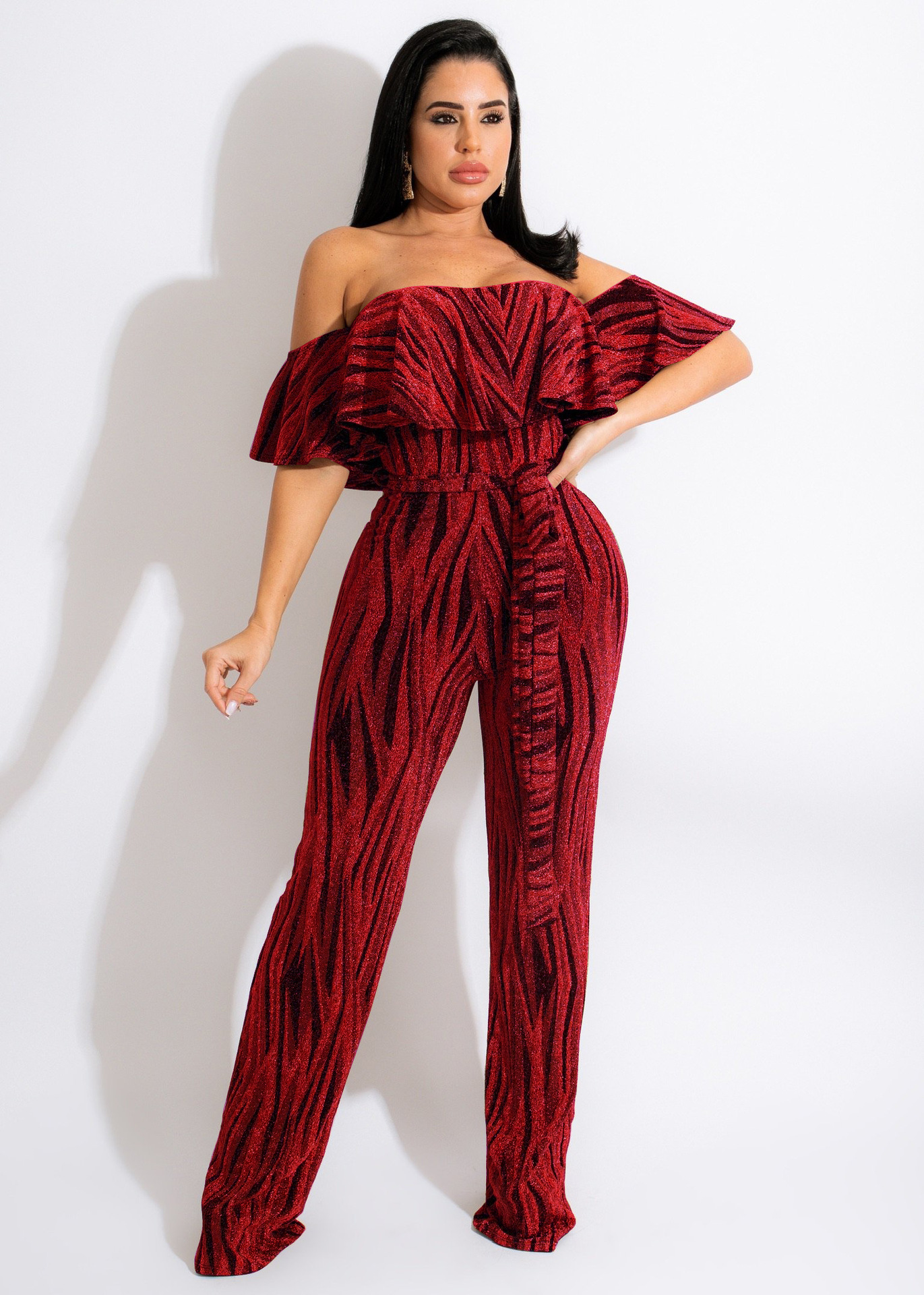 printed one-word collar tube top short sleeve jumpsuit NSMRF125936