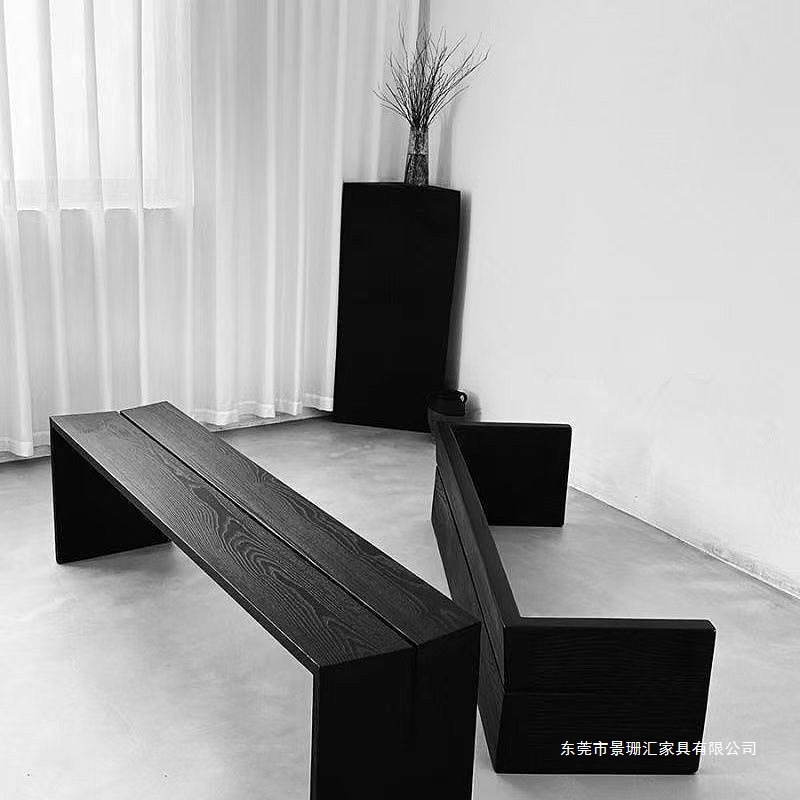Black dining table, solid wood long bench, shoe-changing bench, mid-century style, suitable for living room, bedroom, end of bed, home use, long bench, no installation required