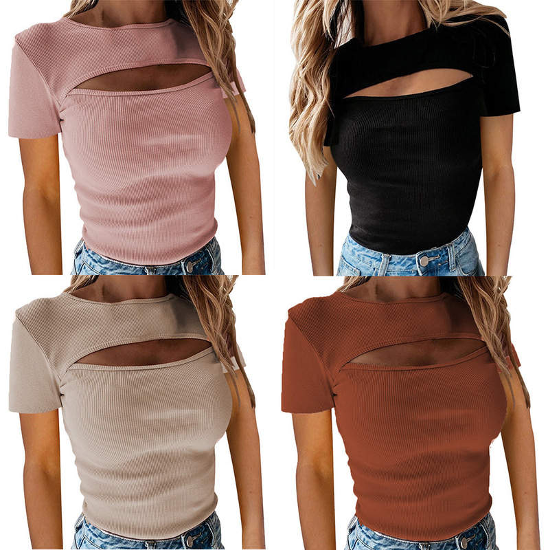 2026Wish Sexy Chest-Cutout Short-Sleeved Ribbed Top for Women, Fashionable and Sexy, Cross-Border Foreign Trade Amazon