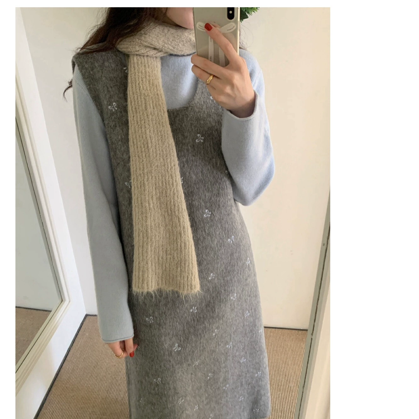 Французская сладкая вышивка с бантом Корейская версия без рукавов жилет платье полувысокого воротника Толстая нижняя рубашка Другие