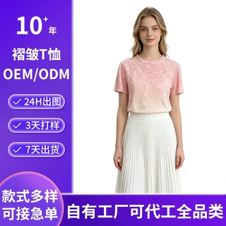 OEM/ODM三宅风欧货圆领高级立体压褶肌理T恤女2026新款渐变短袖