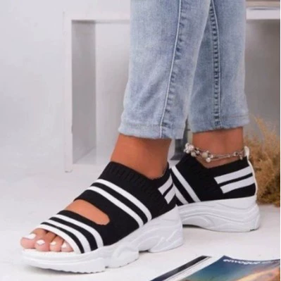 Вязаные сандалии женские 2022 новые летние плоские Джокер удобная эластичная платформа спортивная обувь для рта рыбы производители оптом