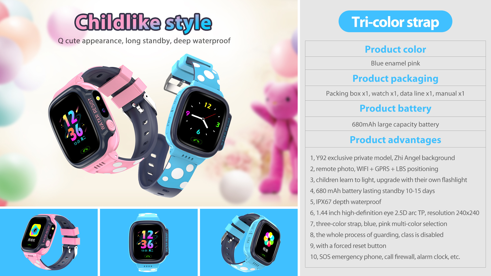 Reloj inteligente para niños Y92 con posicionamiento LBS + WiFi, resistente al agua, modo de espera prolongado, 680 MAH, varios idiomas_voghion.com