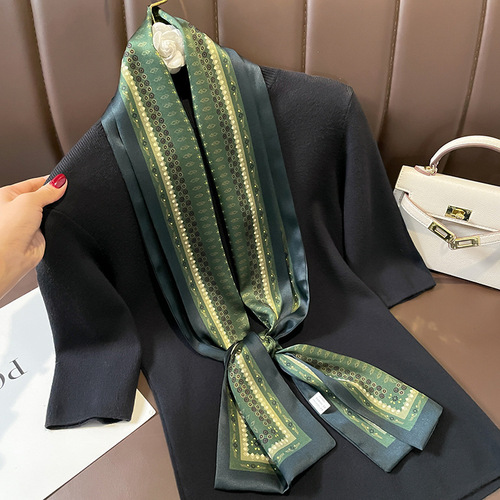 Summer European and American workplace versatile mulberry silk scarf green polka dot splicing double layer double-sided silk long ribbon for women