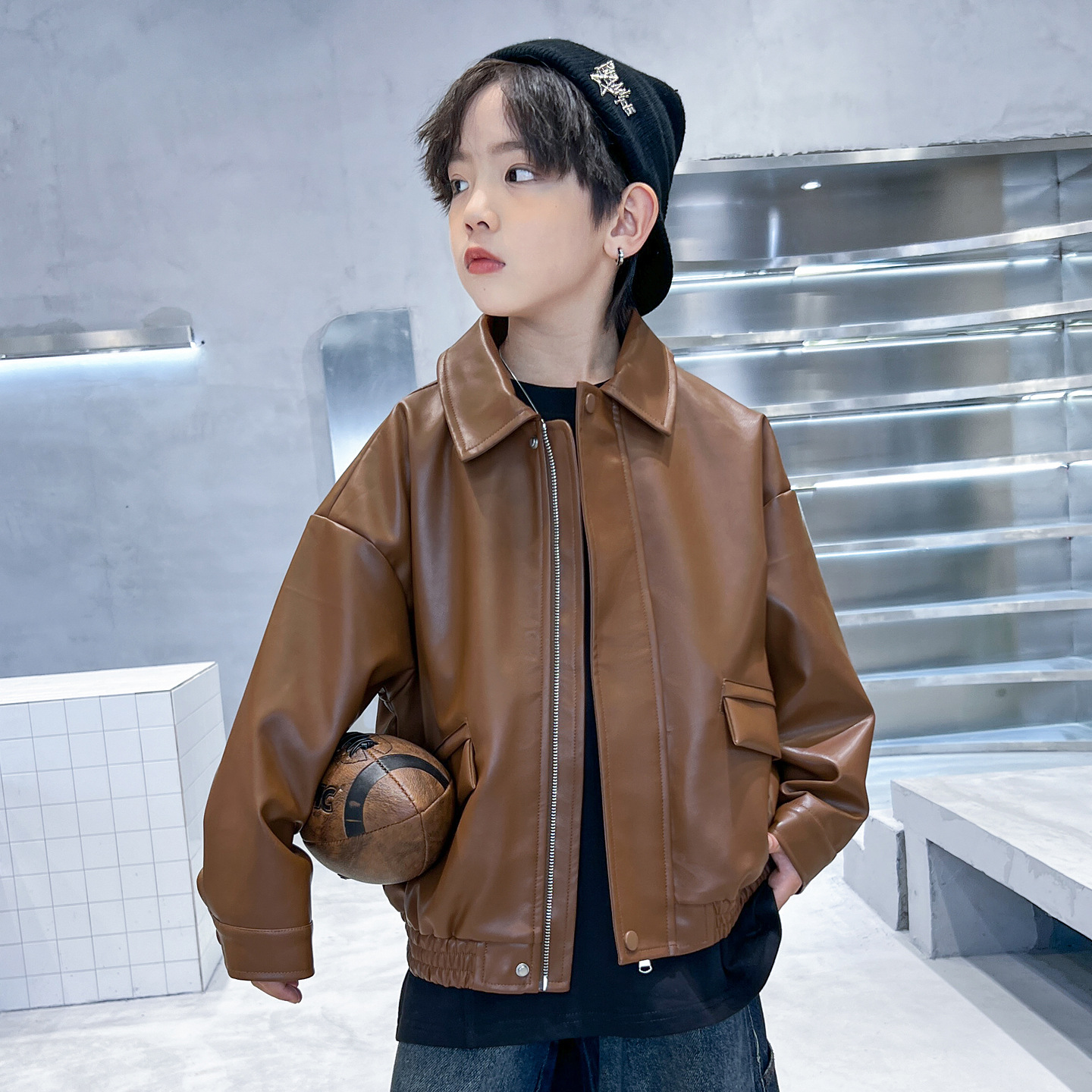 男童春秋装翻领纯色皮衣外套大童2025新款儿童软pu皮夹克上衣批发