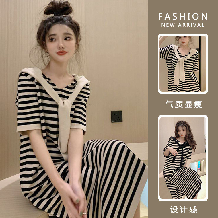 New arrival # Maternity Summer Dress 2026 New Stylish Design Age-Reducing Short-Sleeve Slit Striped Long Dress