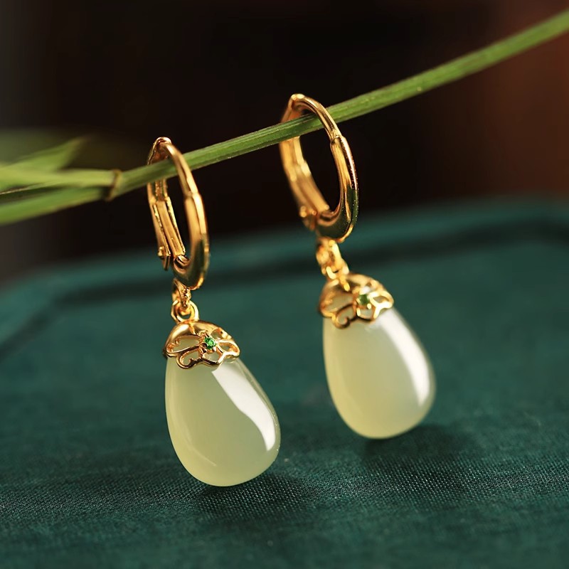 2024 water drop earrings new Chinese style retro earrings national fashion simple temperament inlaid Hetian jade earrings earrings women