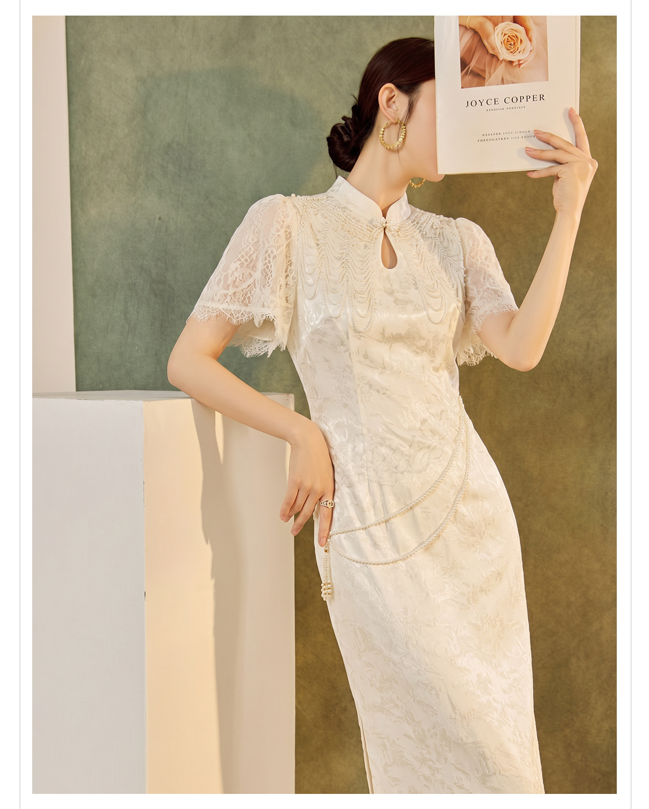 Đầm lễ phục dáng ôm kèm áo choàng ngọc trai tháo rời và thắt lưng — Mây vai, bộ đồ, Trang phục chi tiết 4