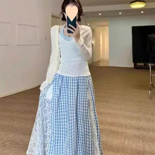 微透領白色罩衫恤女掛脖背心套裝春季蕾絲拼接格子半身裙三件套
