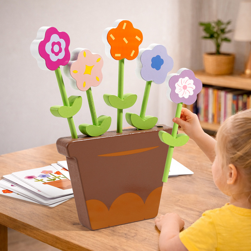 Juguetes de flores de madera de maceta Juguetes de emparejamiento cognitivo de color de flores Juguetes de acertijo de educación temprana