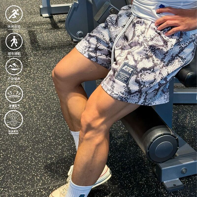 Men's snake print sports shorts, new summer model for fitness, running, and training, American-style basketball three-quarter pants Men's snake print sports shorts, new summer model for fitness, running, and training, American-style basketball three-quarter pants