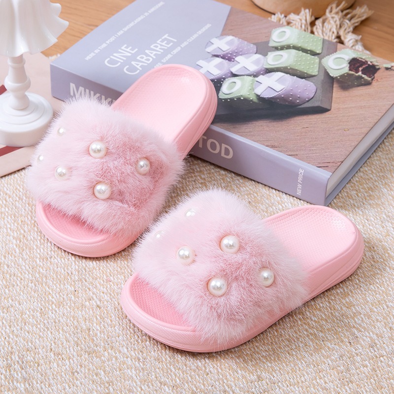 Eva Kidsren's Pearl Plush Slippers Cross-Border Autumn and Winter New Anti-Slip Warm Small and Medium-Sized Kidsren's Baby Outer Wear Girls' Shoes