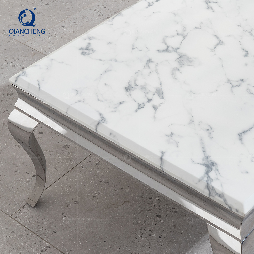 Mesa de Centro de Mármol Estilo Italiano de Acero Inoxidable con Estructura Metálica para Sala de Estar, Hotel y Oficina
