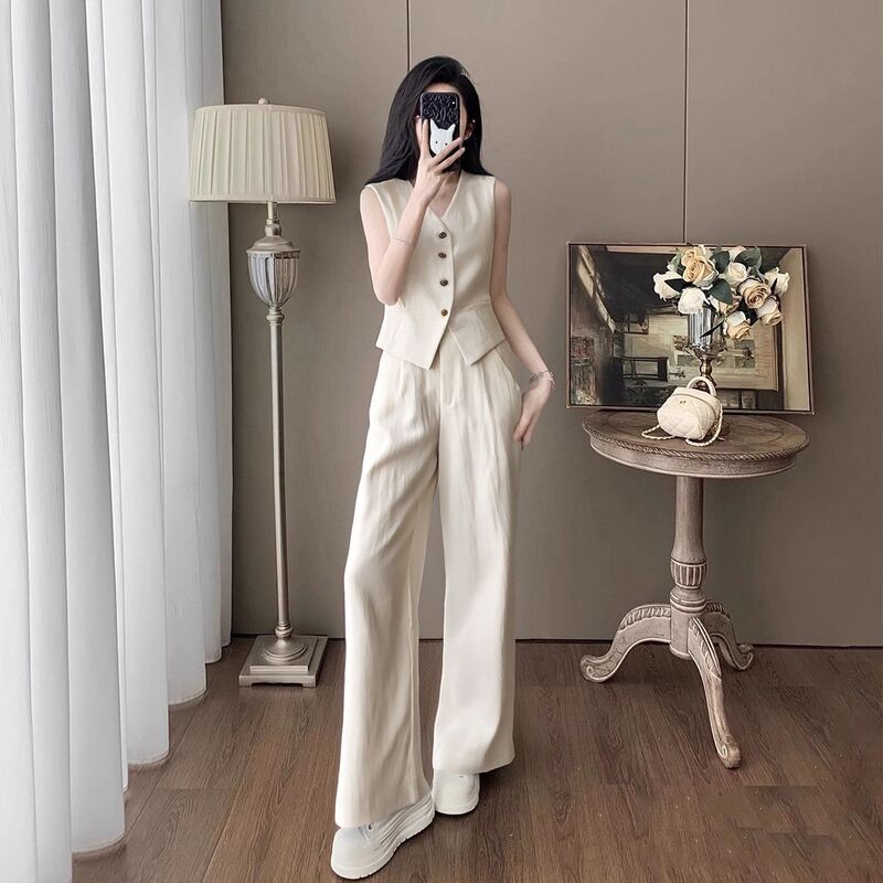 Thin Fashion Vest and Wide-Leg Pants Two-Piece Set for Women, 2026 Summer New Style Suit Pants and Top Set Thin Fashion Vest and Wide-Leg Pants Two-Piece Set for Women, 2026 Summer New Style Suit Pants and Top Set
