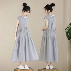 女童豎條紋連衣裙2024新款夏季法式氣質高端長款無袖小立領連衣裙