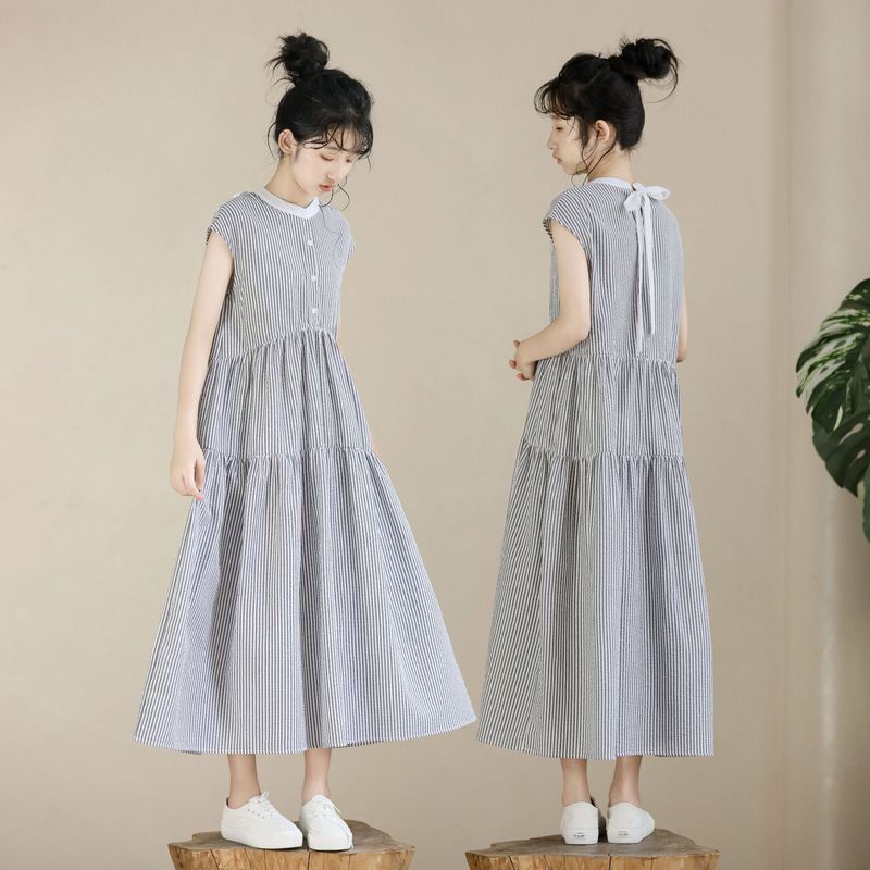 Girls dress New Summer Striped Collar High-end Long Sleeveless Loose Stitching Cake dress Cross Border Girls dress New Summer Striped Collar High-end Long Sleeveless Loose Stitching Cake dress Cross Border