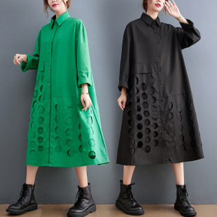 Real Shot of 2025 New Autum Style Artistic Elegant Dress Loose Polo Collar Ripped Design Shirt Dress for Women