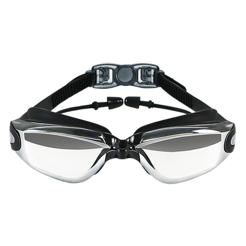 Cross-border swimming goggles adult anti-fog waterproof electroplating conjoined earplugs large frame silicone myopia swimming goggles factory wholesale