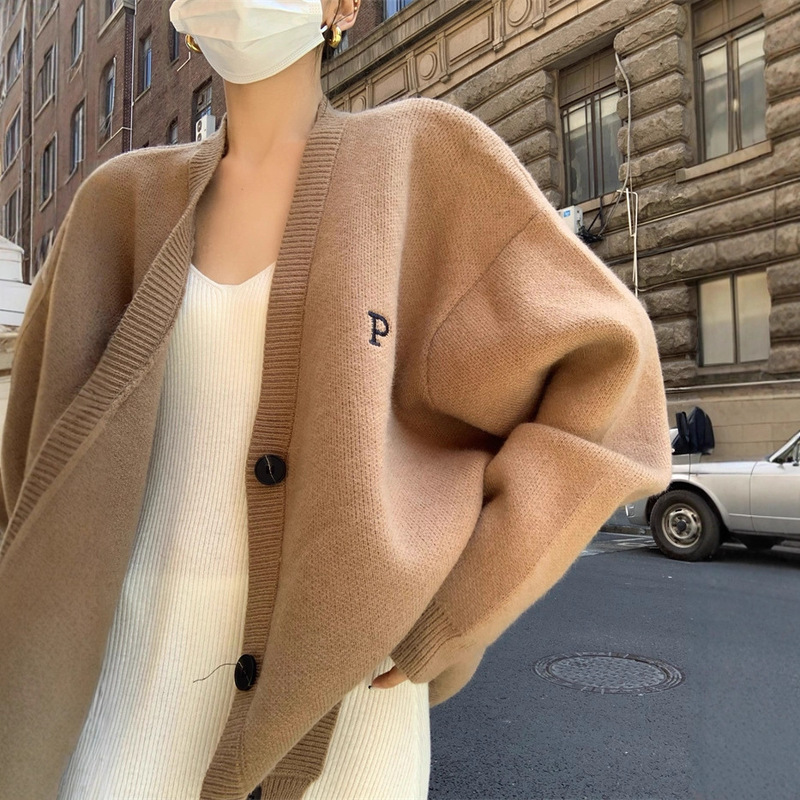 长袖针织开衫2025年早秋新款复古百搭慵懒宽松字母刺绣毛衣外套女|undefined