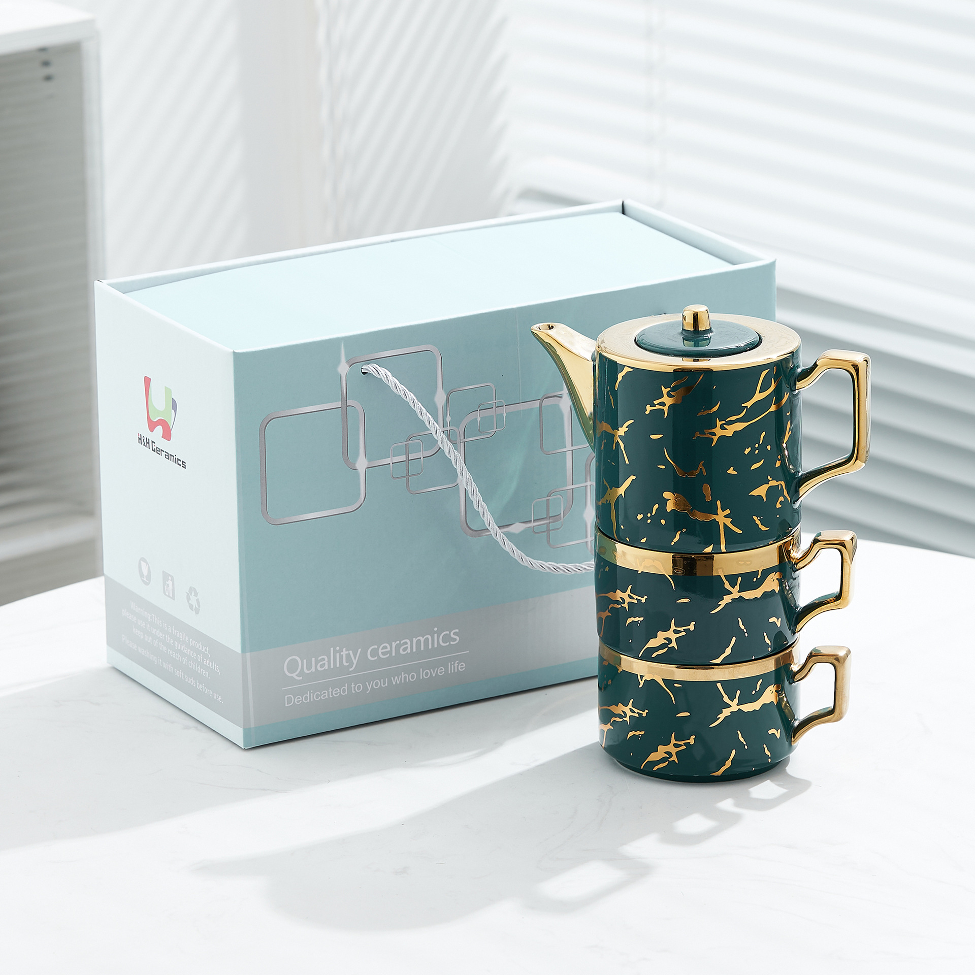 Oro marbling flor juego de té Nordic ins juego de té traje Luz de lujo tarde juego de té caja de regalo embalaje