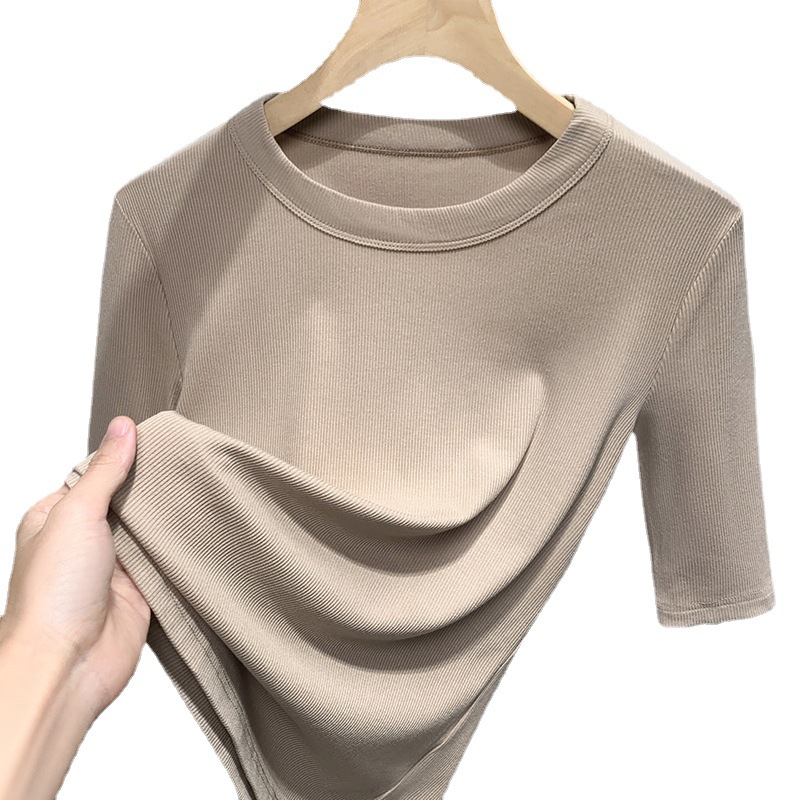 Camiseta modal de manga media para mujer 2023 nueva camiseta de media manga con cuello redondo de ala ancha para mujer, cintura elástica, top ajustado