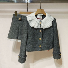 1件起批2025秋女装百褶片领口千金风外套+A字半身短裙套装S250752