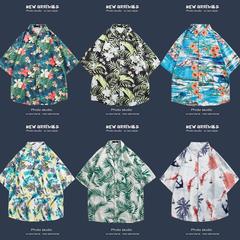 香港風半袖シャツ男女カップルの夏のゆるい薄いハワイビーチ砕花五分袖花シャツ