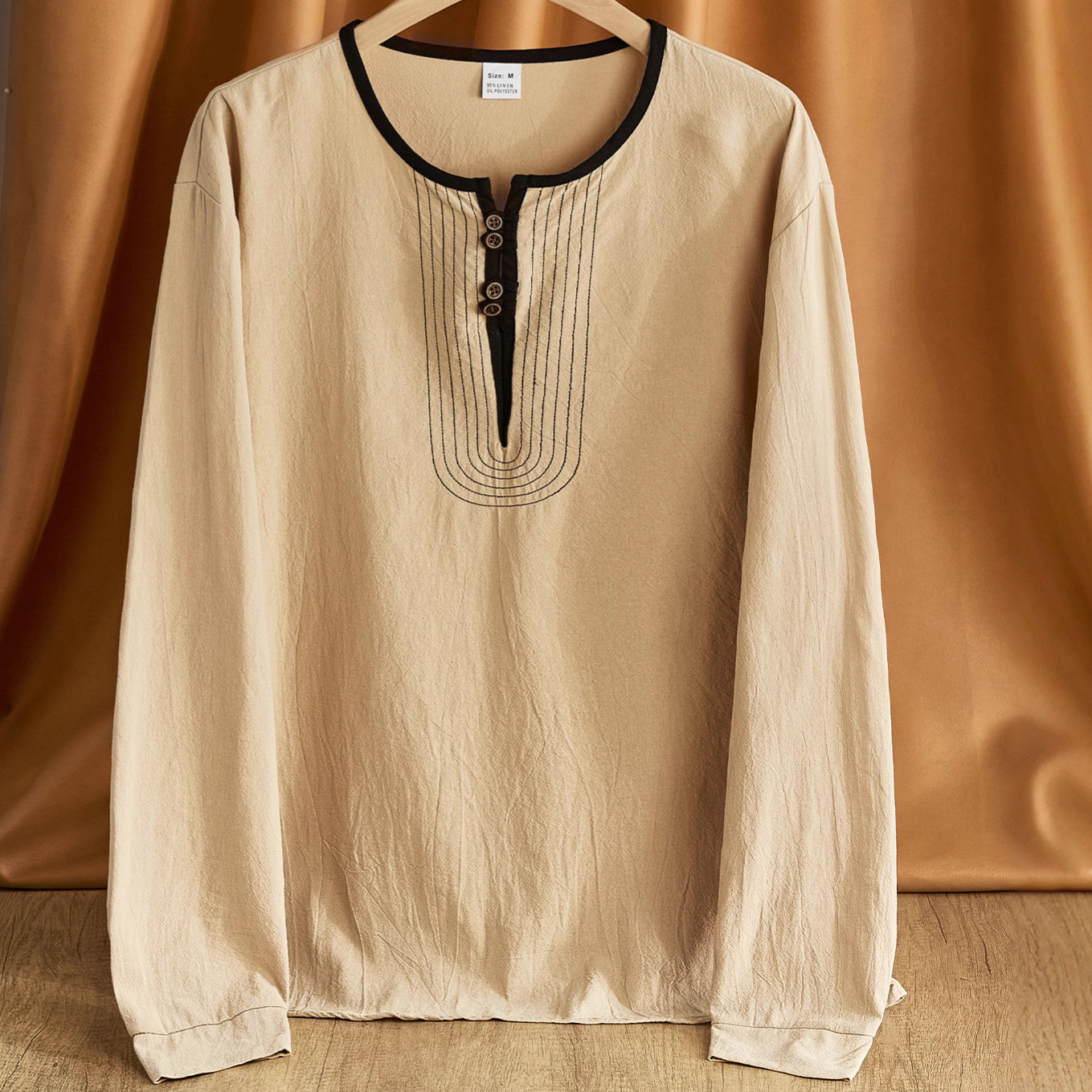 Transfronterizos estadounidenses pesados retro algodón y lino casuales de manga larga nuevo año temu nuevo estilo europeo y americano lino de moda camisa Henry
