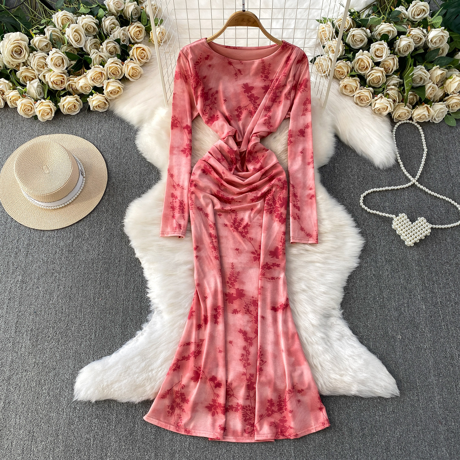 Celebrity Retro Cool Mesh Printed Round Neck Dress Women's Autum Pleated Waist Elegant Fishtail Dress